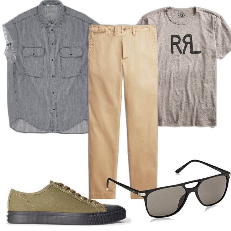 Outfit uomo - Total look #1641661. Stile Casual per Tutti i giorni. Abbinamento con gilet, sneakers, pantaloni chino, t-shirt, occhiali da sole.
