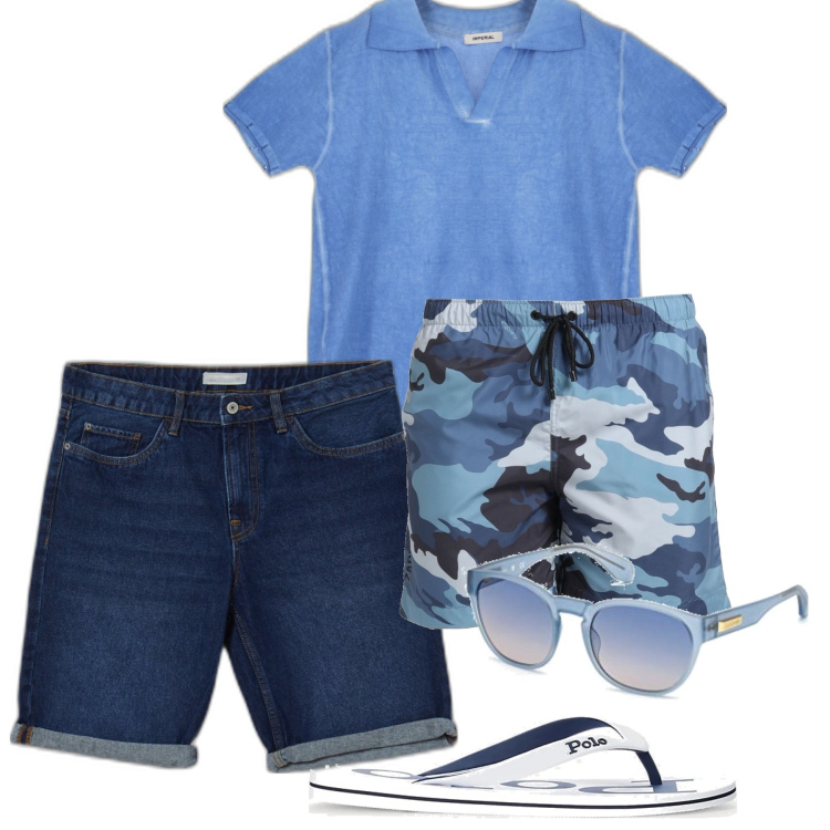 Outfit uomo - Mare blu. Stile Casual per Mare. Abbinamento con costumi, maglieria, bermuda, sandali, occhiali da sole.