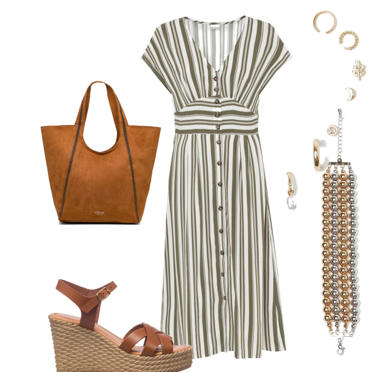 Outfit donna - Verde oliva e bianco. Stile Basic per Tutti i giorni. Abbinamento con vestiti, braccialetti, orecchini, borse a spalla, sandali in pelle.