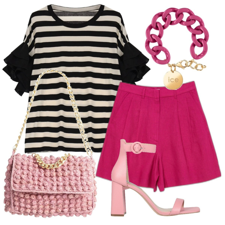 Outfit donna - Total look #1641678. Stile Casual chic per Ufficio. Abbinamento con sandali col tacco, borse a mano, bermuda, t-shirt, braccialetti.