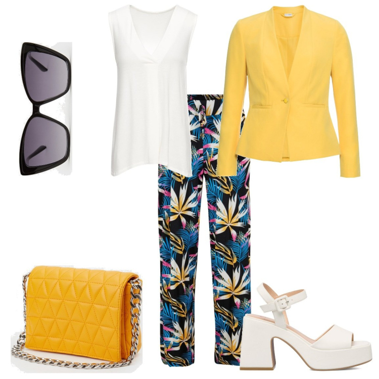 Outfit donna - Giornate in ufficio. Stile Bon Ton per Tutti i giorni. Abbinamento con top, blazer, pantaloni a palazzo, borse a spalla, occhiali da sole, sandali in pelle.