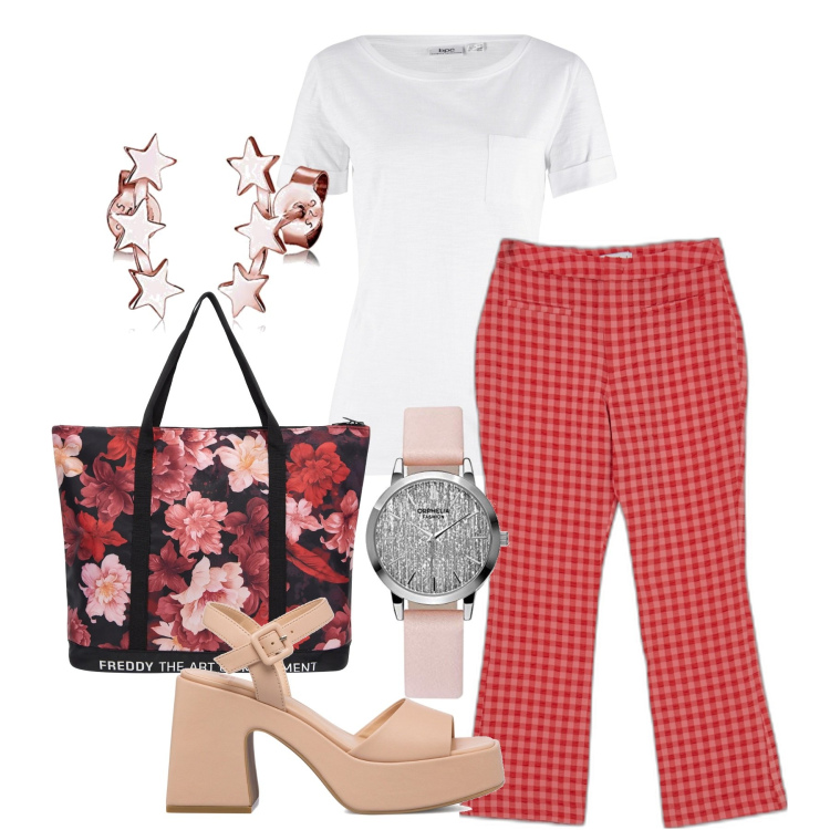Outfit donna - Quadretti di tendenza. Stile Casual chic per Tutti i giorni. Abbinamento con t-shirt, pantaloni capri, borse tote, sandali in pelle, orologi analogici, orecchini.