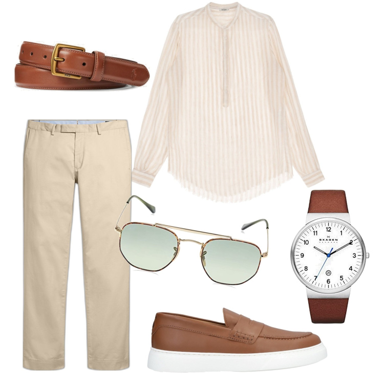Outfit uomo - Colazione di lavoro. Stile Business/Elegante per Tutti i giorni. Abbinamento con scarpe stringate, camicie, cinture, pantaloni chino, orologi analogici, occhiali da sole.
