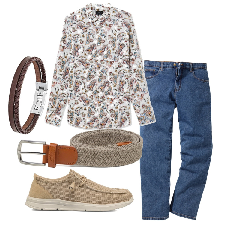 Outfit uomo - La camicia più fresca. Stile Trendy per Tutti i giorni. Abbinamento con jeans dritti, camicie, scarpe stringate, cinture, braccialetti.