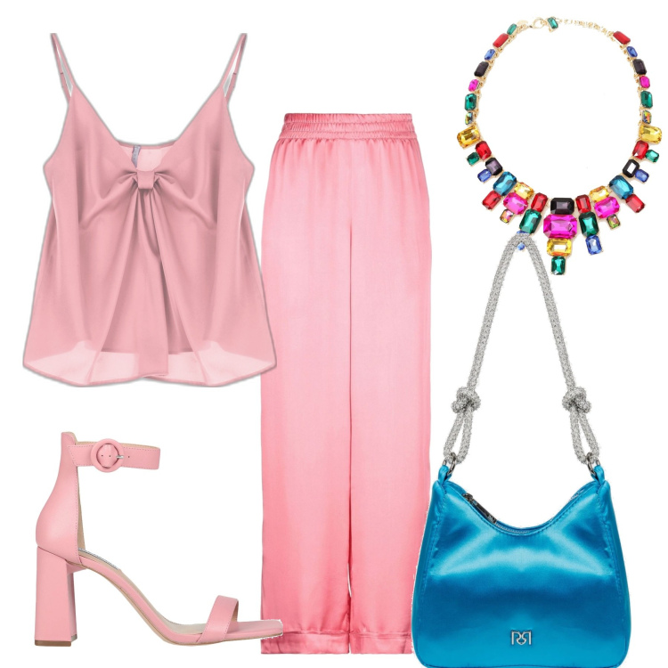 Outfit donna - La borsa azzurra. Stile Trendy per Tutti i giorni. Abbinamento con pantaloni, sandali col tacco, borse a spalla, canottiere, collane.