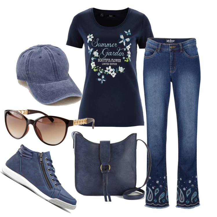 Outfit donna - Total look blu. Stile Casual per Tutti i giorni. Abbinamento con t-shirt, sneakers alte, jeans dritti, borse a tracolla, occhiali da sole, cappelli con visiera.