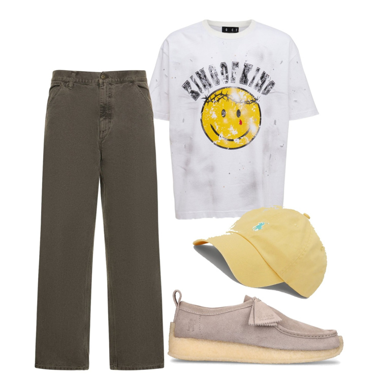 Outfit uomo - Con gli amici. Stile Trendy per Tutti i giorni. Abbinamento con cappelli, t-shirt, pantaloni, scarpe stringate.