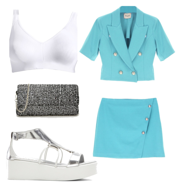 Outfit donna - Azzurro cielo. Stile Casual chic per Tutti i giorni. Abbinamento con reggiseni, sandali col tacco, pochette, minigonne, giacche.