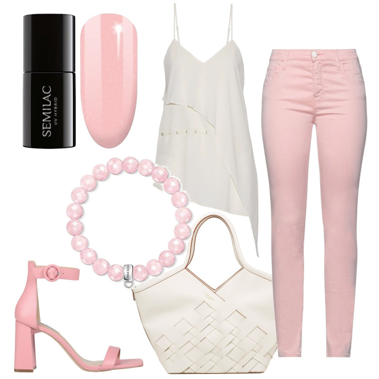 Outfit donna - Rosa e avorio a incontro romantico. Stile Basic per Serata fuori. Abbinamento con top, pantaloni, sandali col tacco, borse a spalla, smalti, braccialetti.