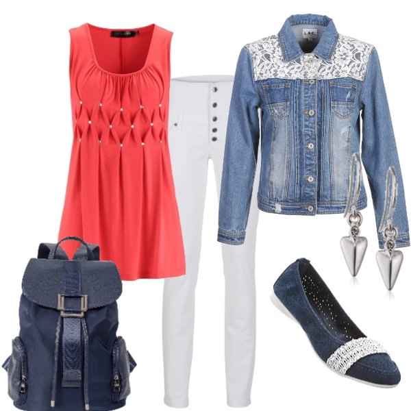 Outfit donna - Iniziano le lezioni!!. Stile Basic per Scuola/Università. Abbinamento con vestiti chemisier, ballerine blu, zaino, pantaloni skinny, giacca jeans con pizzo in cotone, orecchini pendenti in ottone.