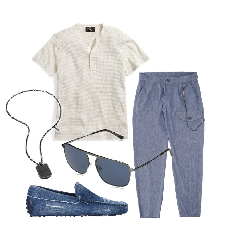 Outfit uomo - Ghost outfitter - giugno. Stile Trendy per Tutti i giorni. Abbinamento con scarpe stringate, pantaloni, t-shirt, occhiali da sole, collane.