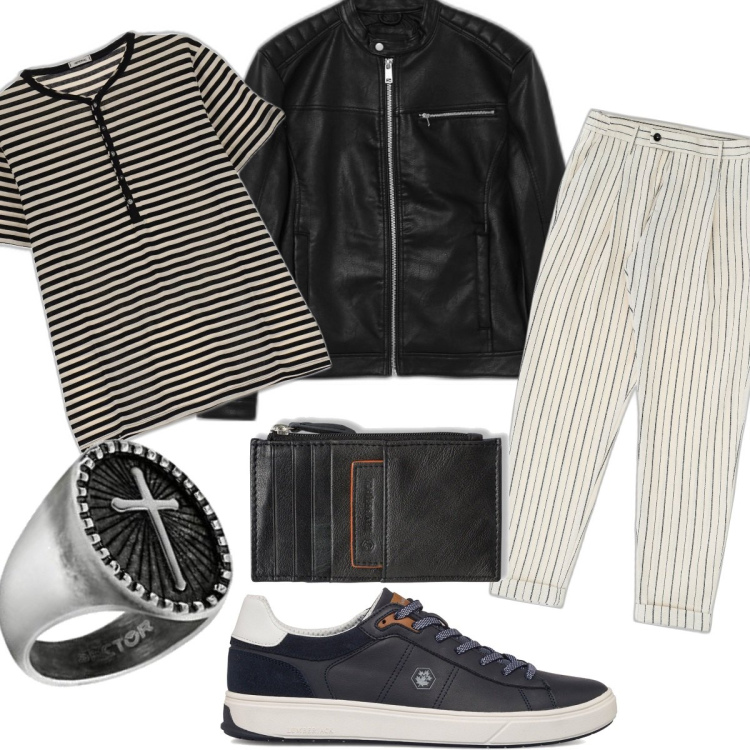 Outfit uomo - Stasera barcaccina. Stile Casual Abbinamento con pantaloni, t-shirt, giacche, sneakers, portafogli, anelli.