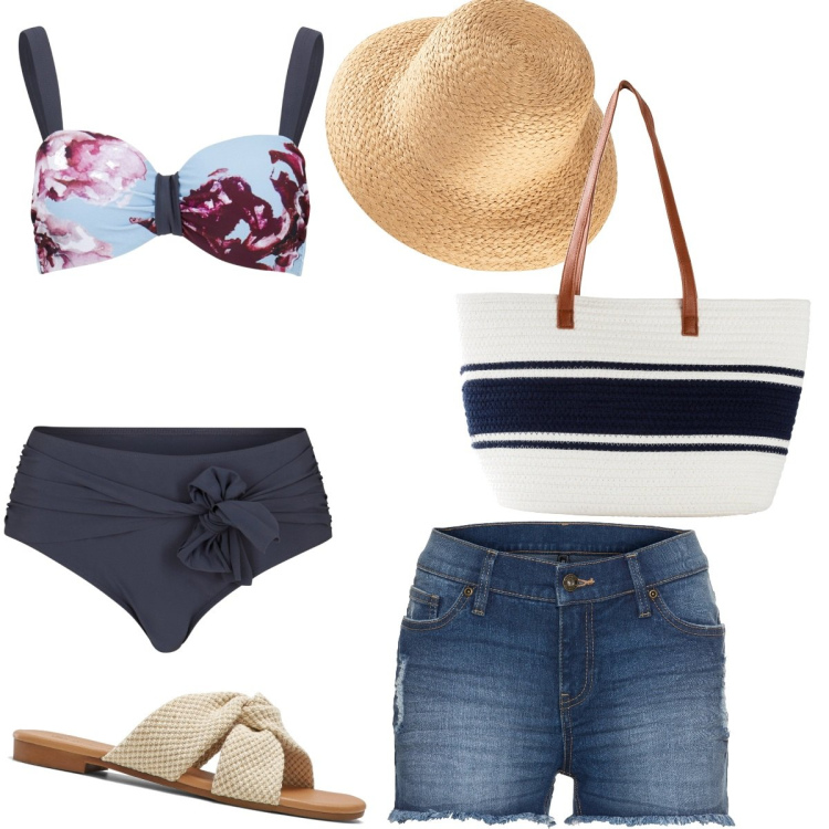 Outfit donna - Total look #1642137. Stile Casual per Mare. Abbinamento con felpe, bikini, ciabatte, shorts, shopping bag.