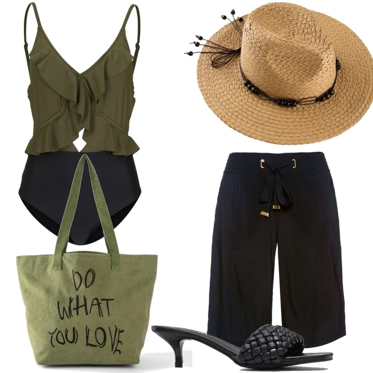 Outfit donna - Al mare chic. Stile Chic per Mare. Abbinamento con costumi interi, bermuda, cappelli, ciabatte, shopping bag.