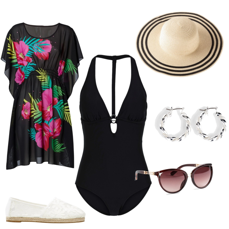 Outfit donna - Beach Summer Cagliari. Stile Casual chic per Mare. Abbinamento con costumi interi, occhiali da sole, orecchini, vestiti da spiaggia, espadrillas, cappelli.