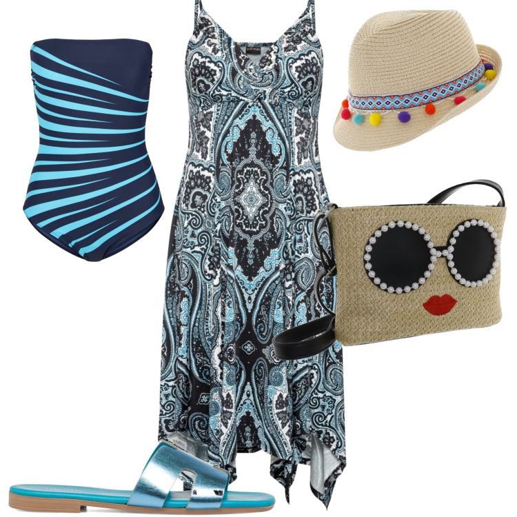 Outfit donna - Al mare. Stile Casual per Mare. Abbinamento con costumi interi, vestiti, ciabatte, borse a tracolla, cappelli.