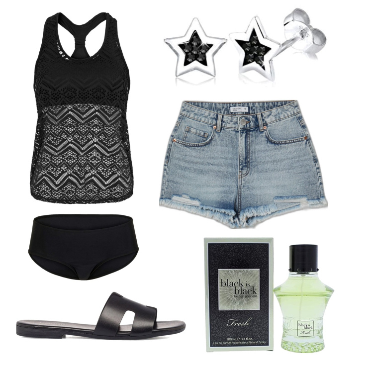 Outfit donna - Una giornata al mare. Stile Casual per Mare. Abbinamento con costumi interi, shorts, ciabatte, profumi, orecchini.