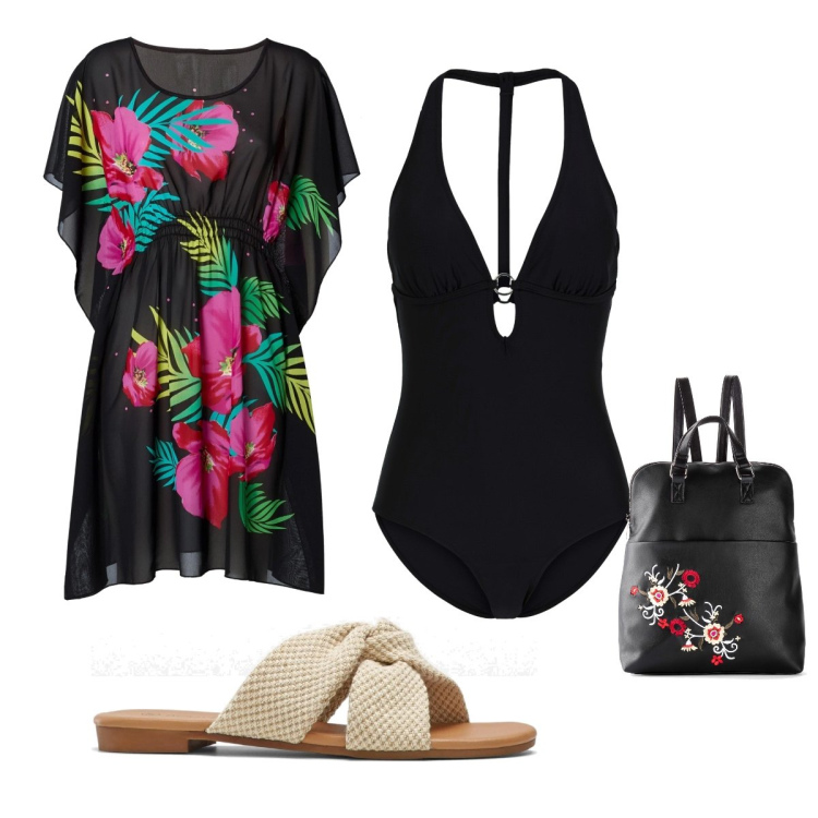 Outfit donna - Giornata in spiaggia. Stile Casual chic per Mare. Abbinamento con costumi interi, vestiti da spiaggia, zaini, ciabatte.