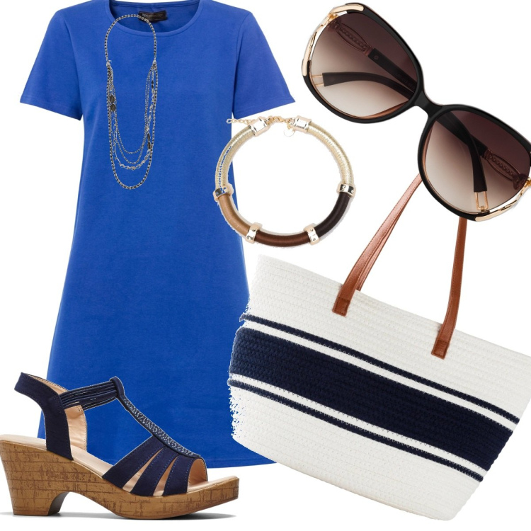 Outfit donna - Comoda e fresca. Stile Basic per Tutti i giorni. Abbinamento con occhiali da sole, shopping bag, sandali, vestiti, braccialetti, collane.