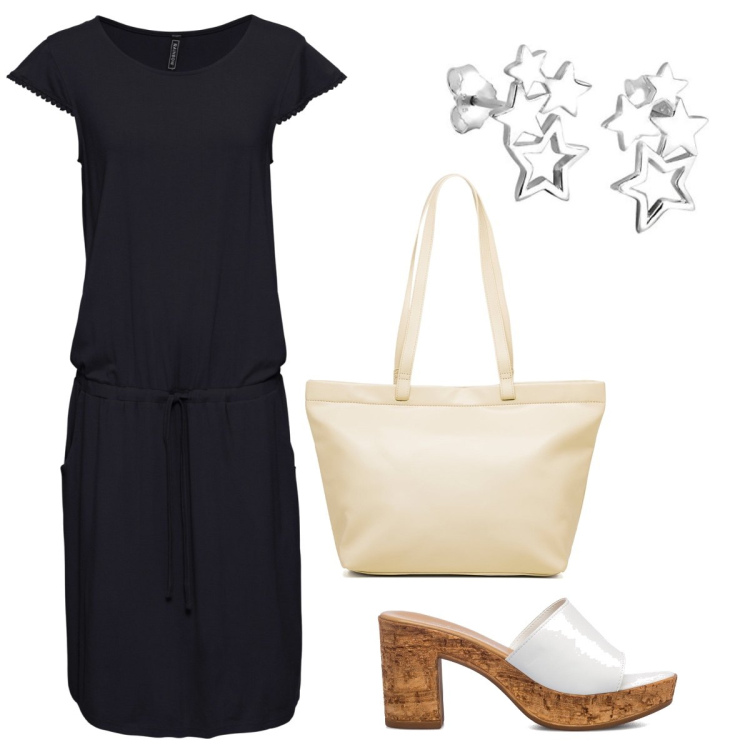 Outfit donna - Giornata Star. Stile Casual per Tutti i giorni. Abbinamento con vestiti midi/longuette, sandali in pelle, borse a spalla, orecchini.