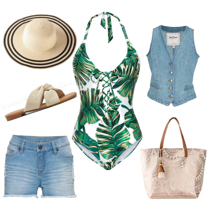 Outfit donna - Total look #1642373. Stile 70s per Mare. Abbinamento con gilet, costumi interi, ciabatte, shopping bag, shorts, cappelli.