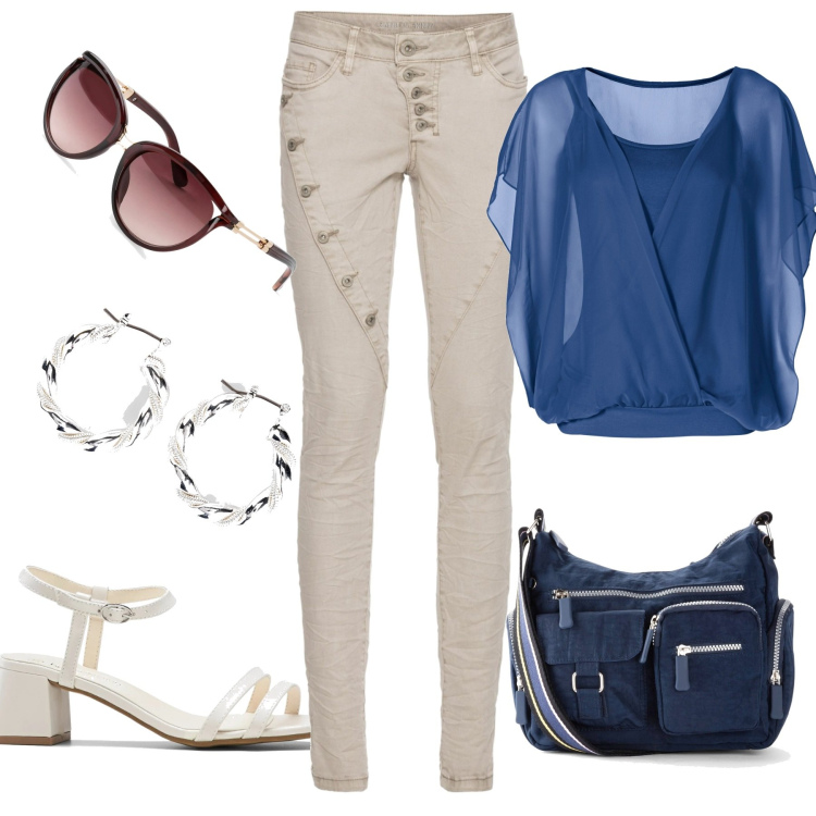 Outfit donna - I calzoni con i bottoni. Stile Casual chic per Tutti i giorni. Abbinamento con borse a tracolla, occhiali da sole, orecchini, bluse, pantaloni, sandali col tacco.