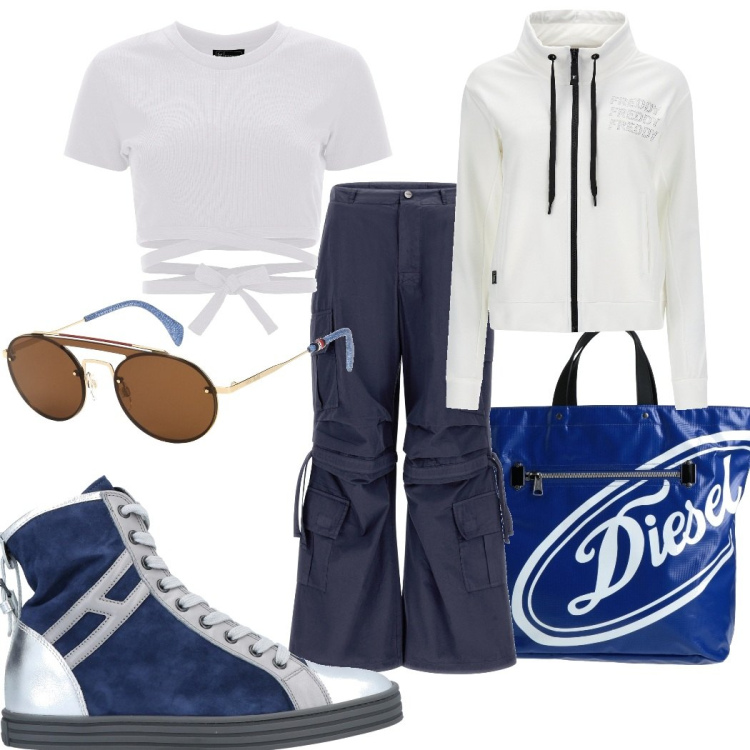 Outfit donna - Sportiva la sera. Stile Sporty chic per Serata fuori. Abbinamento con sneakers, borse a mano, occhiali da sole, pantaloni cargo, felpe, top.
