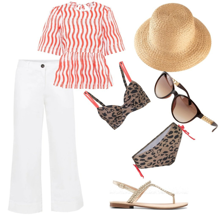 Outfit donna - Al mare anche in città. Stile Casual chic per Mare. Abbinamento con bikini, ciabatte, bluse, pantaloni culotte, occhiali da sole, cappelli.