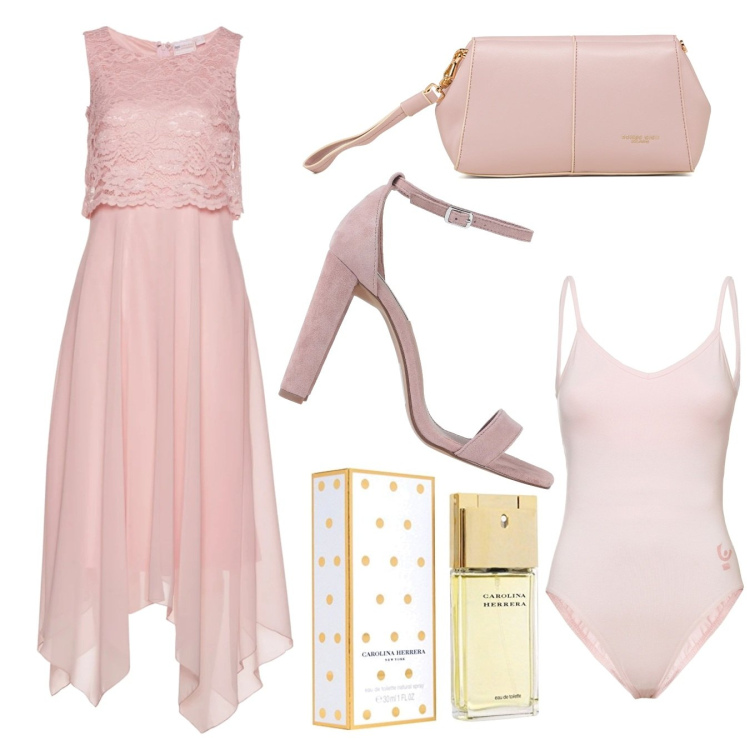 Outfit donna - Total look per il battesimo. Stile Bon Ton per Cerimonia. Abbinamento con vestiti midi/longuette, sandali col tacco, body, clutch, profumi.