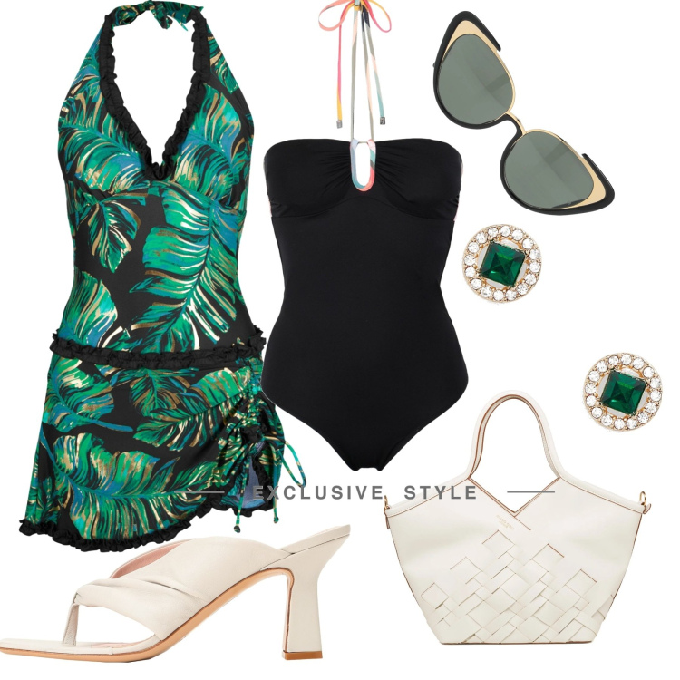 Outfit donna - Bianco & verde. Stile Glamour per Mare. Abbinamento con vestiti da spiaggia, costumi interi, infradito, occhiali da sole, orecchini, borse a spalla.