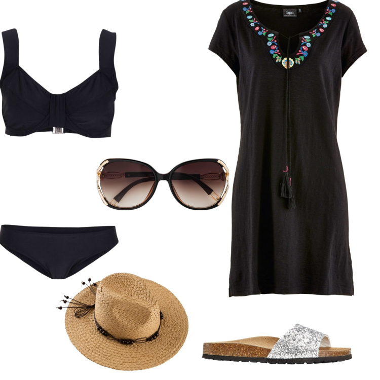 Outfit donna - Total look #1642559. Stile Etnico per Mare. Abbinamento con vestiti, occhiali da sole, bikini, ciabatte, cappelli.