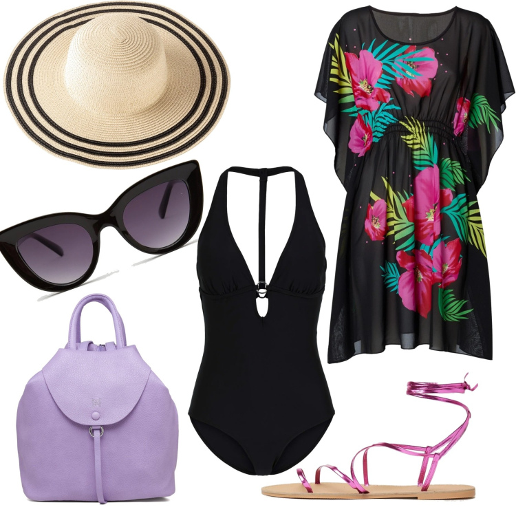 Outfit donna - Lo zaino lilla. Stile Casual chic per Mare. Abbinamento con costumi interi, vestiti da spiaggia, cappelli, sandali alla schiava, occhiali da sole, zaini.
