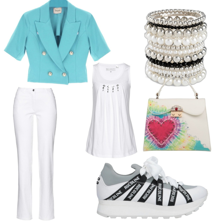 Outfit donna - Chic azzurro. Stile Sporty chic per Serata fuori. Abbinamento con pantaloni, braccialetti, top, sneakers, borse a mano, giacche.