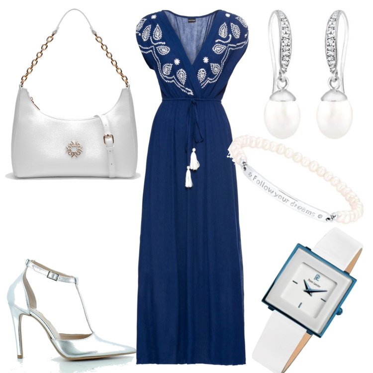 Outfit donna - Serata. Stile Chic per Serata fuori. Abbinamento con vestiti lunghi, borse a spalla, sandali in pelle, orologi, orecchini, braccialetti.