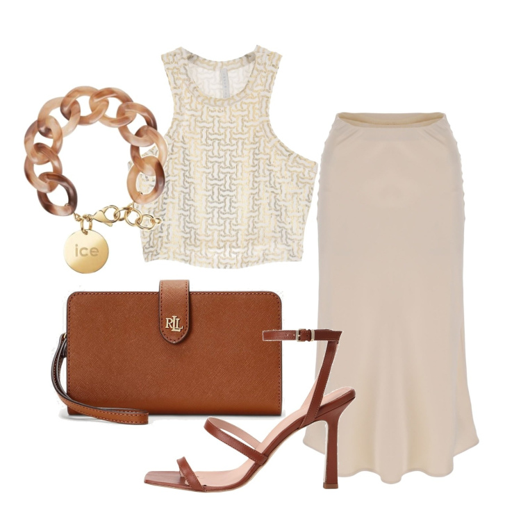 Outfit donna - Toni neutri di giorno. Stile Casual chic per Tutti i giorni. Abbinamento con infradito, gonne longuette, canottiere, pochette, braccialetti.