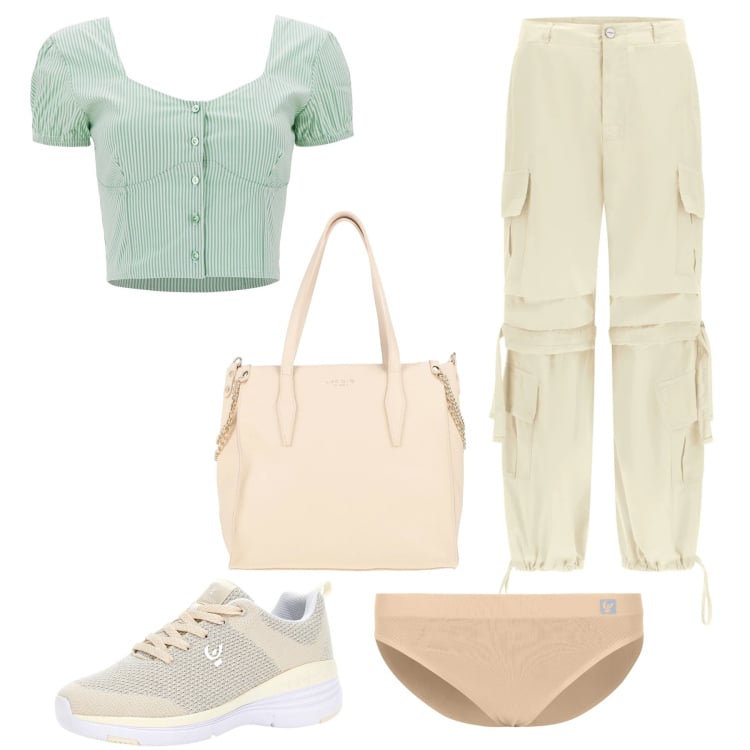Outfit donna - Un outfit fresco. Stile Basic per Tutti i giorni. Abbinamento con borse a mano, pantaloni cargo, culotte, scarpe sportive, top.