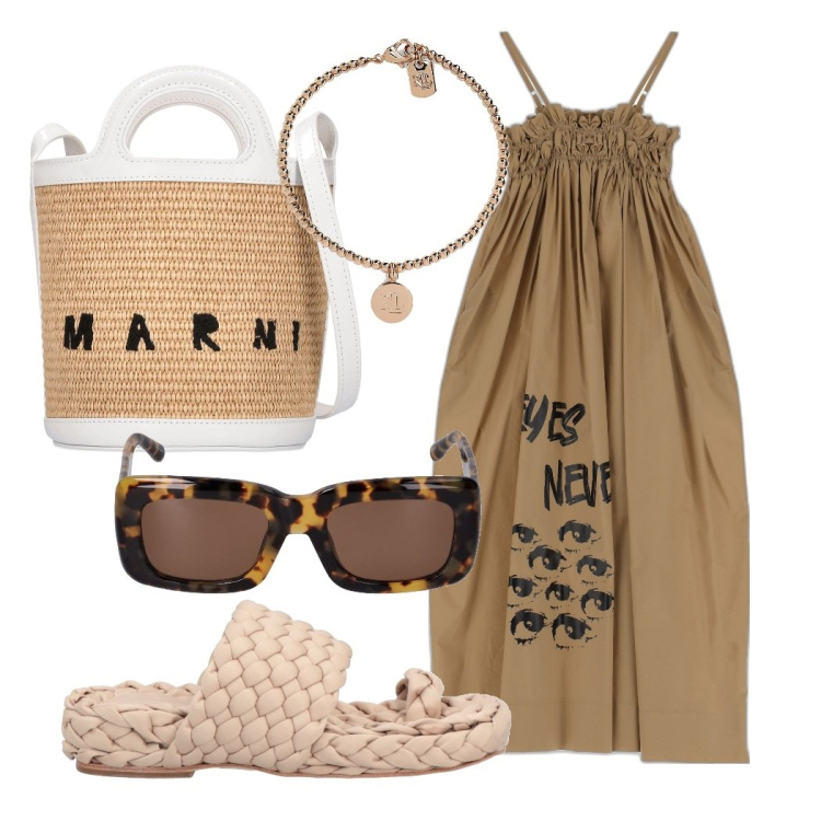 Outfit donna - Caldo in città. Stile Romantica per Tutti i giorni. Abbinamento con infradito, braccialetti, vestiti lunghi, occhiali da sole, borse a spalla.