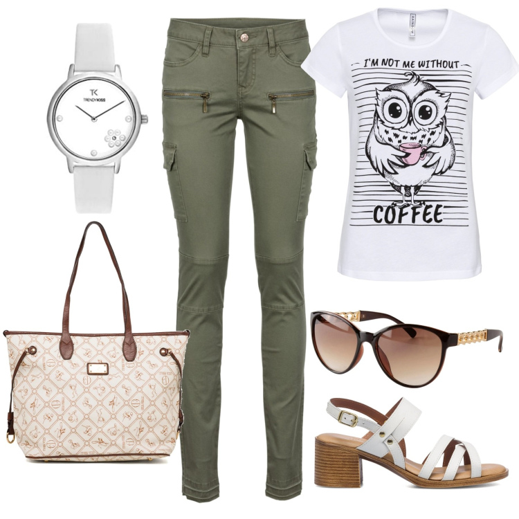 Outfit donna - A spasso per la città. Stile Basic per Tutti i giorni. Abbinamento con pantaloni cargo, t-shirt sportive, occhiali da sole, sandali in pelle, borse a spalla, orologi analogici.