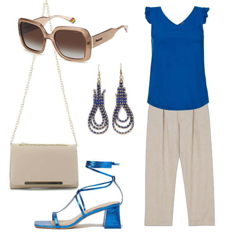 Outfit donna - #blue. Stile Casual per Tutti i giorni. Abbinamento con top, pantaloni capri, sandali in pelle, clutch, orecchini, occhiali da sole.
