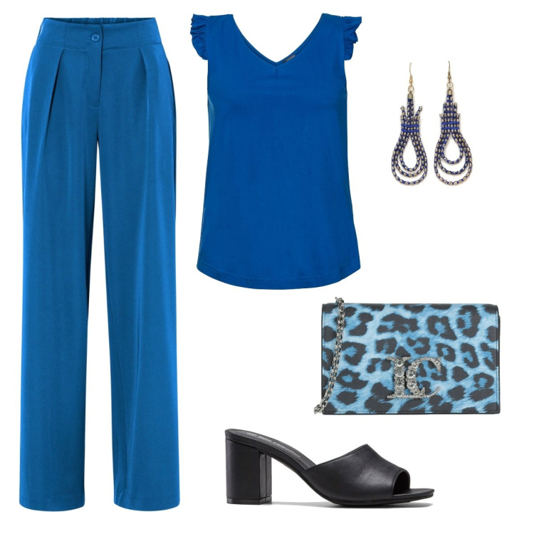 Outfit donna - Total look #1642720. Stile Chic per Cerimonia. Abbinamento con top, ciabatte, pantaloni, borse a tracolla, orecchini.
