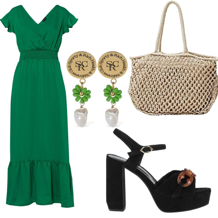 Outfit femme - Au restaurant. Style Casual chic pour Soirée dehors. Assortir avec robes longues, boucles d'oreilles, spartiates, sacs à main.