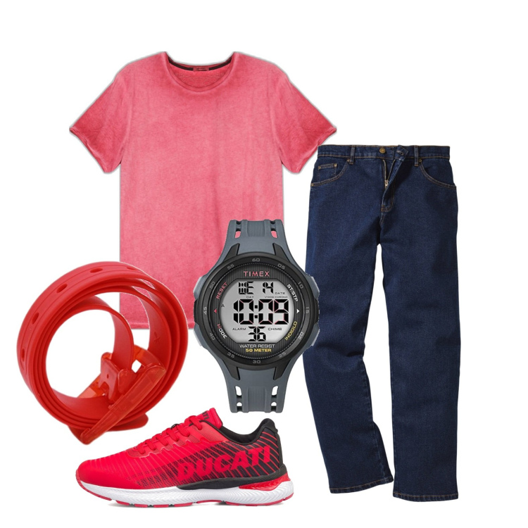 Outfit uomo - Ghost outfitter - giugno. Stile Trendy per Tutti i giorni. Abbinamento con jeans dritti, t-shirt, sneakers, orologi digitali, cinture.