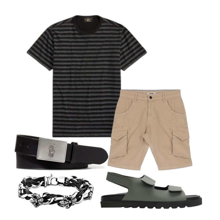Outfit uomo - Ghost outfitter - giugno. Stile Casual per Tutti i giorni. Abbinamento con sandali, bermuda, t-shirt, cinture, braccialetti.