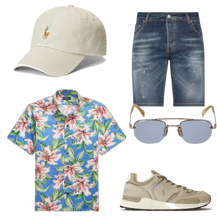 Outfit uomo - Total look #1642798. Stile Casual Abbinamento con cappelli con visiera, camicie, sneakers, shorts, occhiali da sole.