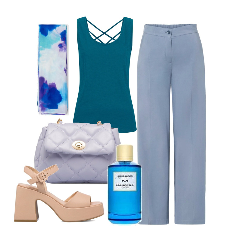 Outfit donna - Vicino al mare. Stile Bon Ton per Tutti i giorni. Abbinamento con top, pantaloni a palazzo, foulard, borse a tracolla, sandali in pelle, profumi.