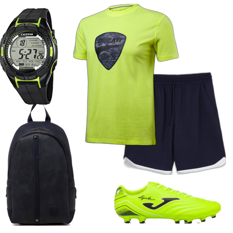 Outfit uomo - Total look #1642801. Stile Urban per Sport. Abbinamento con bermuda, borse sportive, scarpe sportive, t-shirt, orologi digitali.
