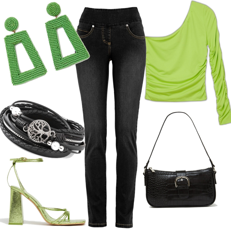 Outfit donna - Total look / serata fuori. Stile Chic per Serata fuori. Abbinamento con jeans, braccialetti, t-shirt, borse a spalla, sandali in pelle, orecchini.