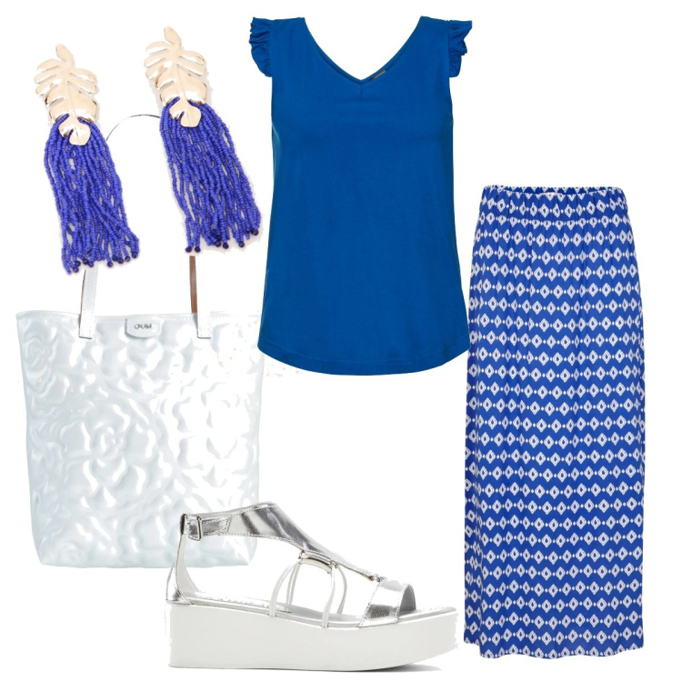 Outfit donna - Total look #1642854. Stile Bon Ton per Tutti i giorni. Abbinamento con top, gonne lunghe, sandali col tacco, borse a spalla, orecchini.