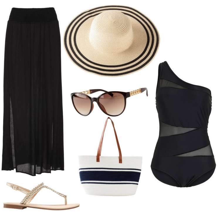 Outfit donna - Al mare con Bonprix. Stile Casual chic per Mare. Abbinamento con gonne lunghe, ciabatte, costumi interi, cappelli, shopping bag, occhiali da sole.