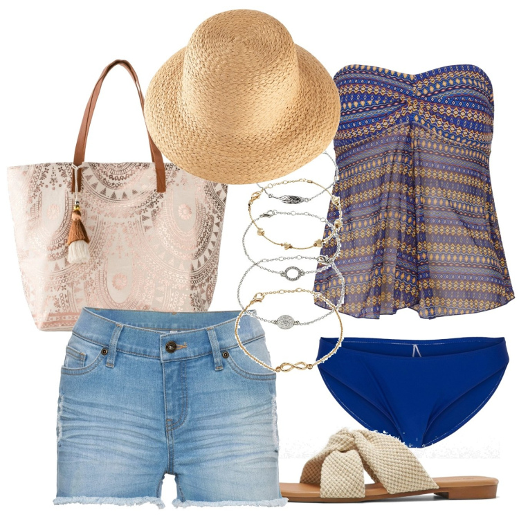 Outfit donna - Tankini in libertà. Stile Boho per Mare. Abbinamento con felpe, costumi interi, ciabatte, shorts, braccialetti con ciondoli, shopping bag.